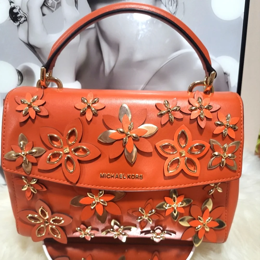 NWOT Michael Kors Flowers Ava Small Leather Top Handle Satchel orange floral bag - Picture 1 of 8